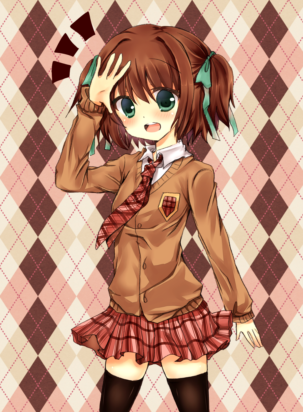 1girl, aoki_kaede, aoki_momiji, argyle_background, argyle_clothes, blush, brown_hair, female_focus