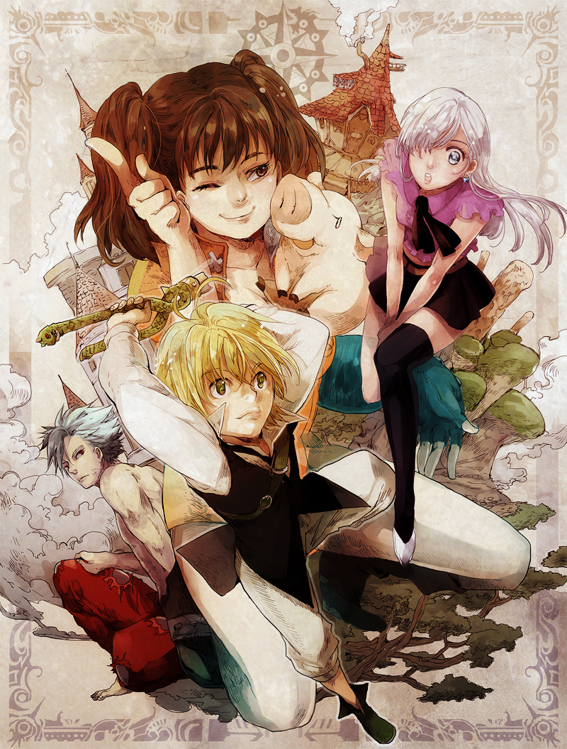 10s, 2boys, 2girls, animal, asymmetrical_clothes, ban_(nanatsu_no_taizai), bettyannnewaters, blonde_hair, boots, broken, broken_sword, broken_weapon, brown_eyes, brown_hair, diane_(nanatsu_no_taizai), earrings, elizabeth_liones, grey_eyes, hair_over_one_eye, hawk_(nanatsu_no_taizai), jewelry, leoneth_elizabeth, long_hair, meliodas, multiple_boys, multiple_girls, nanatsu_no_taizai, one_eye_closed, pig, red_eyes, shirt, shoes, short_hair, silver_hair, skirt, sword, torn_clothes, tree, weapon, wink, yellow_eyes