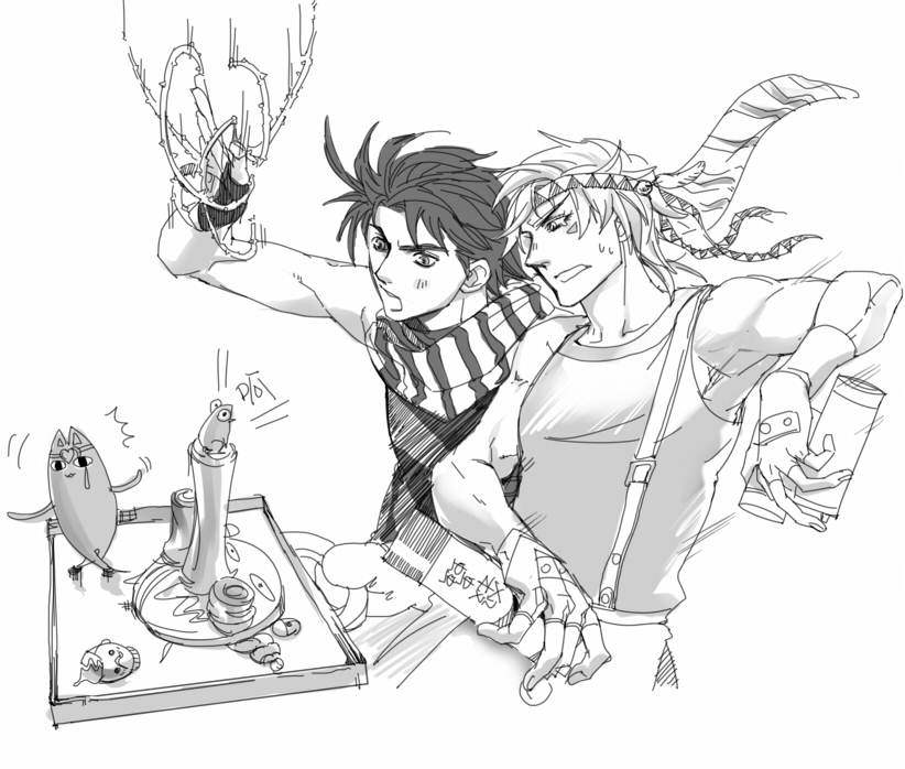 2boys, azumanga_daiou, bluemoooon, caesar_anthonio_zeppeli, crossover, dio_brando, fingerless_gloves, frog