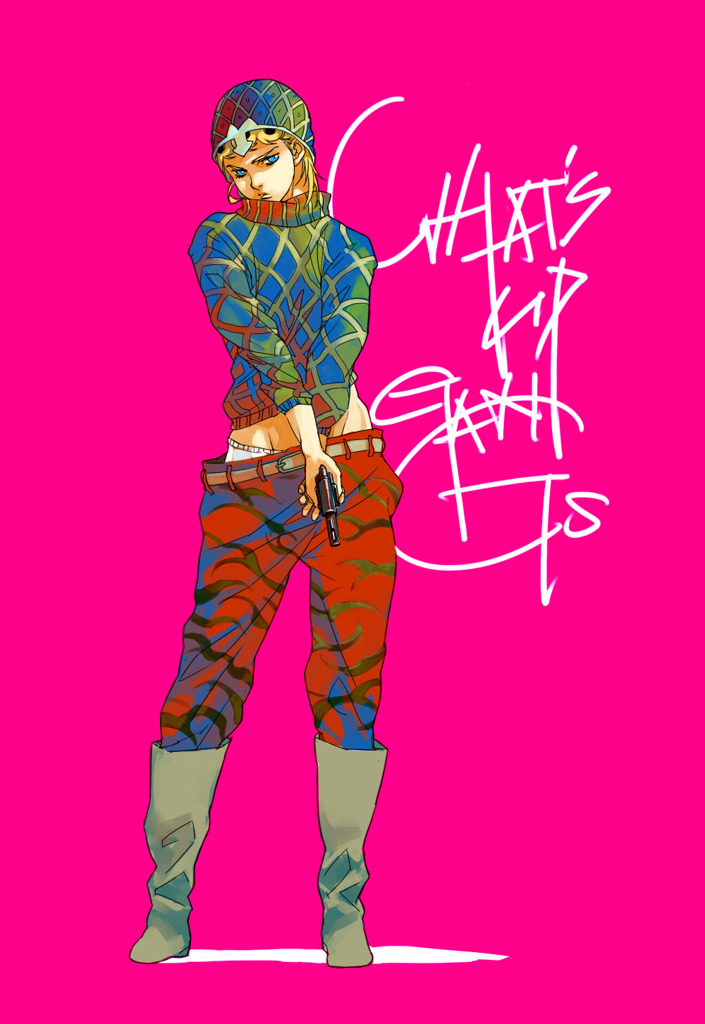 1boy, animal_print, argyle_clothes, argyle_sweater, blonde_hair, blue_eyes, boots, cosplay