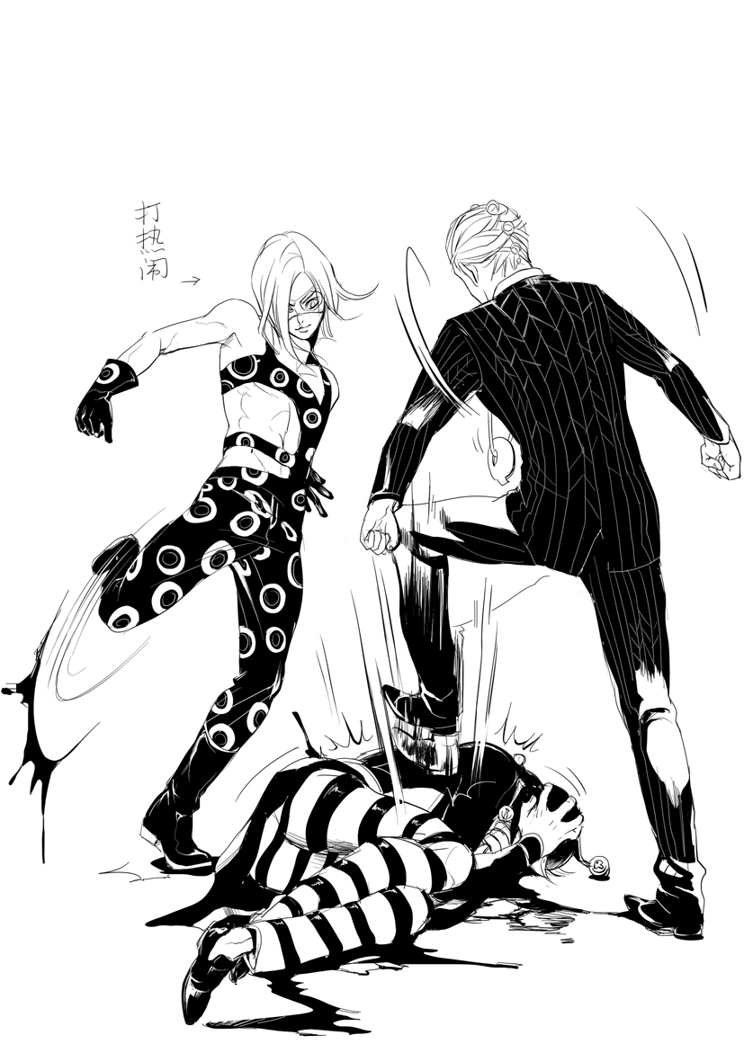 3boys, bluemoooon, formal_clothes, gloves, greyscale, hat, jojo_no_kimyou_na_bouken, kicking