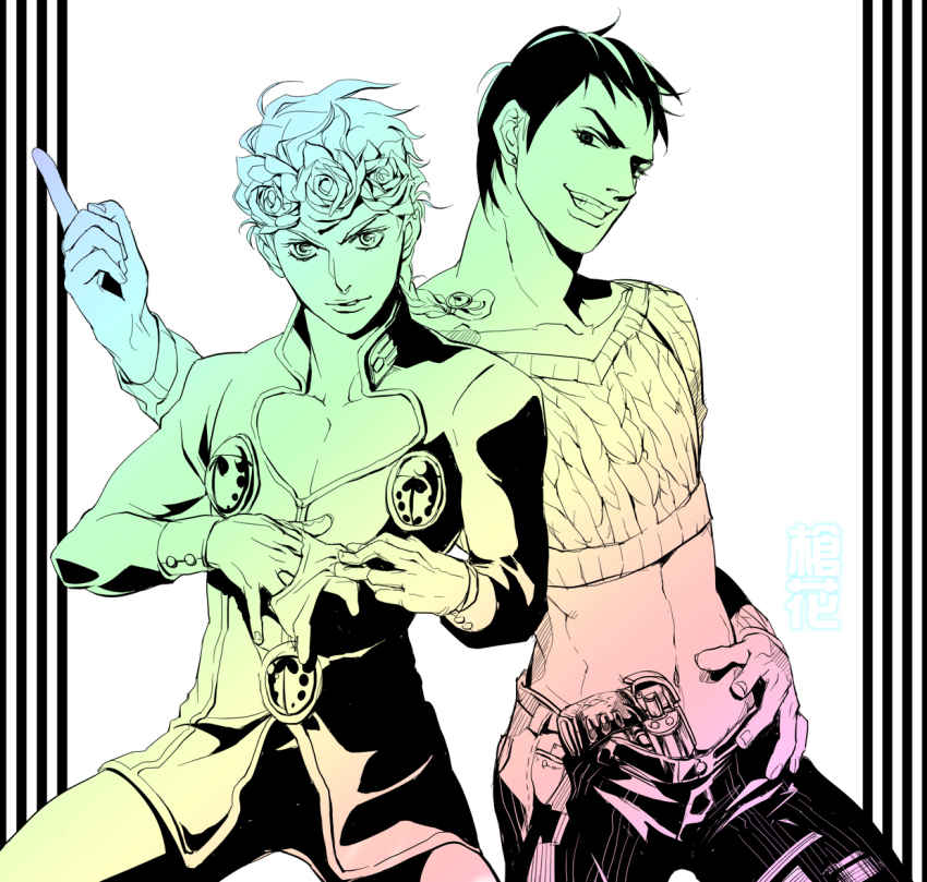 2boys, bluemoooon, braid, bug, giorno_giovanna, gloves, guido_mista, gun, hat, unworn_hat, unworn_headwear, insect, jojo_no_kimyou_na_bouken, ladybug, monochrome, multiple_boys, pectoral_cleavage, pectorals, pointing, removing_glove, vento_aureo, weapon