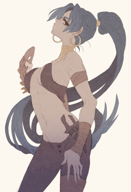 1girl, assassin_(fate/zero), breasts, colored_skin, dagger, dark-skinned_female, dark_skin, earrings, fate/zero, fate_(series), female_assassin_(fate/zero), female_focus, guilty, jewelry, knife, lots_of_jewelry, mask, ponytail, solo, tsumi_guilty, weapon, white_skin