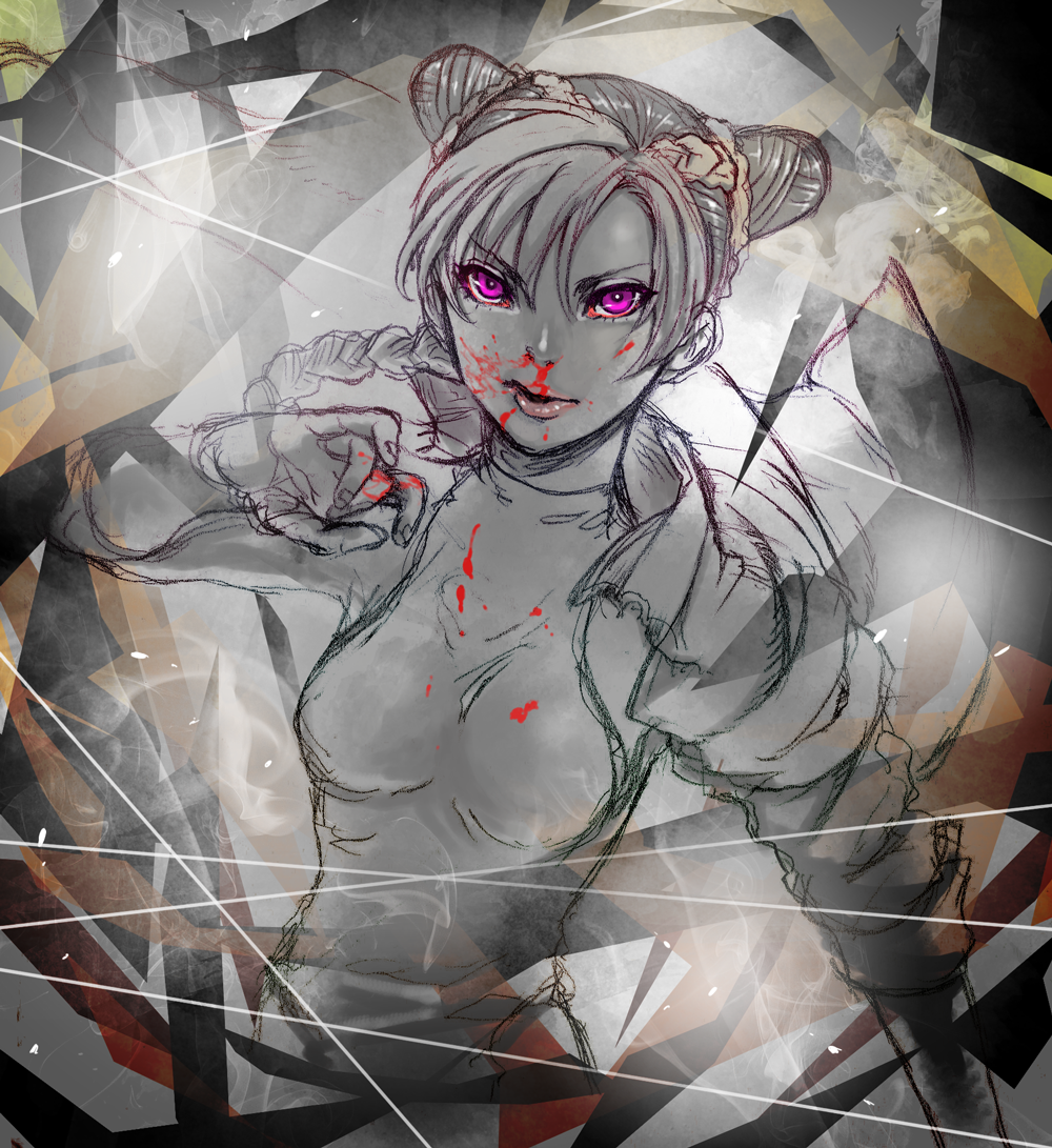 1girl, bad_id, bad_pixiv_id, blood, braid, cone_hair_bun, double_bun, female_focus