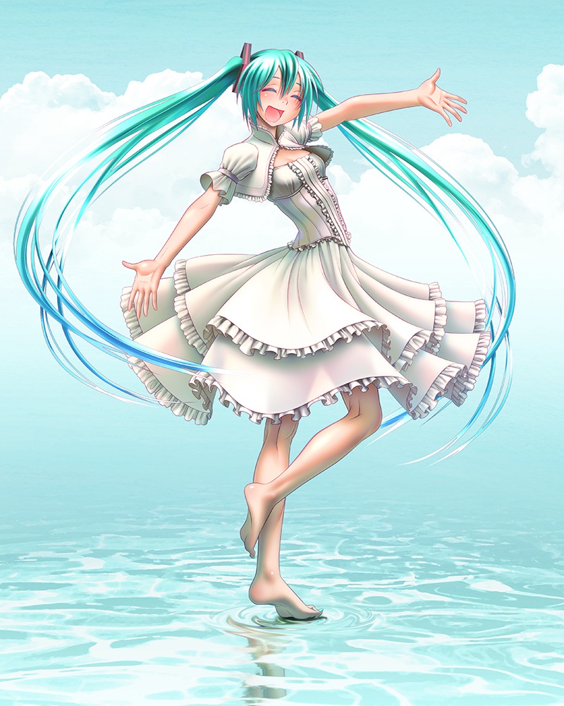 1girl, :d, ^_^, aqua_eyes, aqua_hair, barefoot, blush, closed_eyes