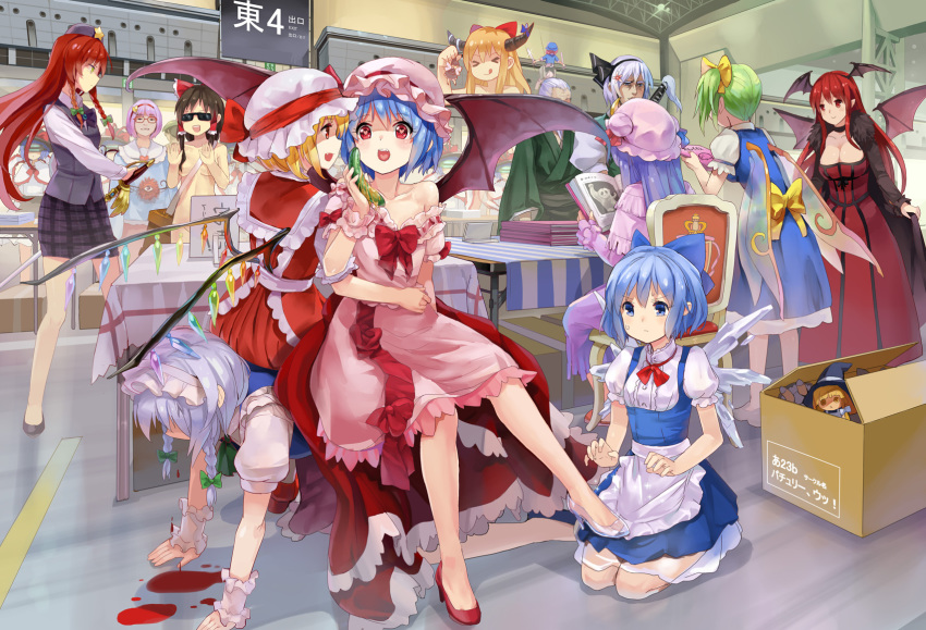 >_<, 6+girls, 77gl, :q, aku_no_hana, all_fours, alternate_costume, apron