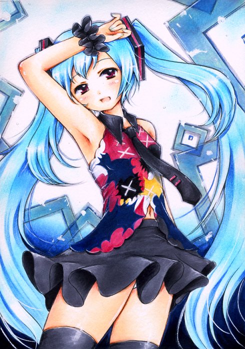 1girl, arm_up, armpits, blue_hair, female_focus, hatsune_miku, long_hair, marker_(medium)