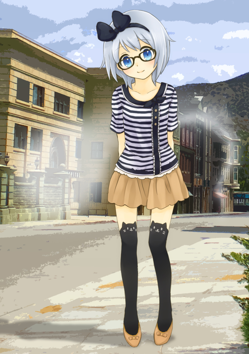 1girl, alternate_costume, arms_behind_back, bespectacled, black_socks, black_thighhighs, blush, bow