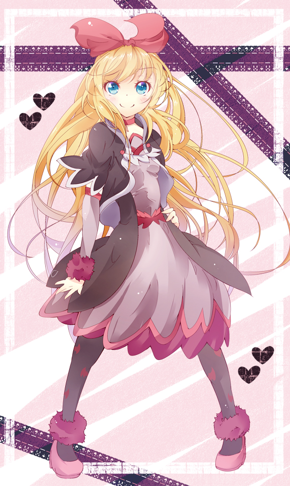 1girl, animal_print, bat_print, blonde_hair, blue_eyes, blush, dokidoki!_precure, female_focus, hair_ribbon, hand_on_own_hip, heart, long_hair, pantyhose, precure, print_pantyhose, regina_(precure), ribbon, sakurai_toma, smile, solo, standing