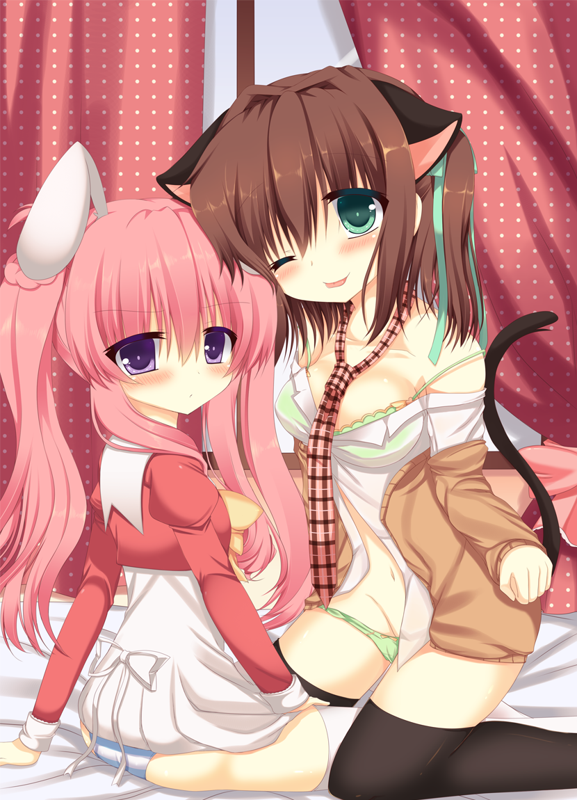 2girls, animal_ears, aoki_kaede, aoki_momiji, black_legwear, blush, bow, breasts