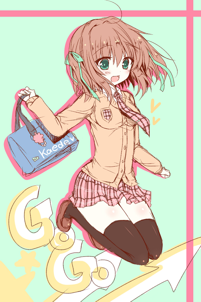 1girl, aoki_kaede, aoki_momiji, arrow_(symbol), black_thighhighs, blush, breasts, brown_hair