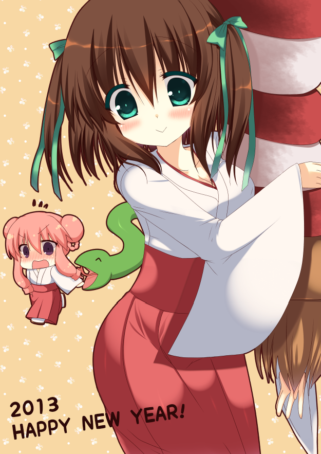 10s, 2013, 2girls, aoki_kaede, aoki_momiji, blush, brown_hair, chibi