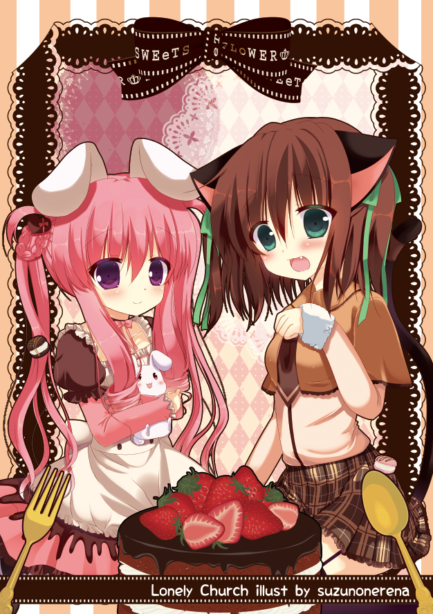 2girls, animal_ears, aoki_kaede, aoki_momiji, blush, brown_hair, rabbit, rabbit_ears, cake, cat_ears, food, fork, fruit, green_eyes, green_ribbon, hair_ribbon, lilia_chocolanne, lilia_shokoran'nu, long_hair, multiple_girls, original, pink_hair, purple_eyes, ribbon, short_hair, skirt, smile, spoon, strawberry, suzunone_rena