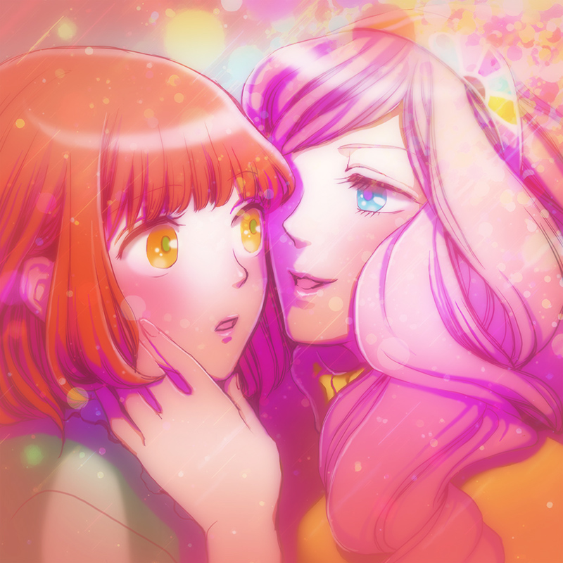 10s, 1boy, 1girl, bad_id, bad_pixiv_id, blue_eyes, hairband, hand_on_another's_face