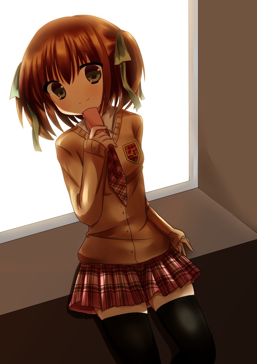 1girl, absurdres, aoki_kaede, aoki_momiji, black_thighhighs, brown_hair, colorized, female_focus