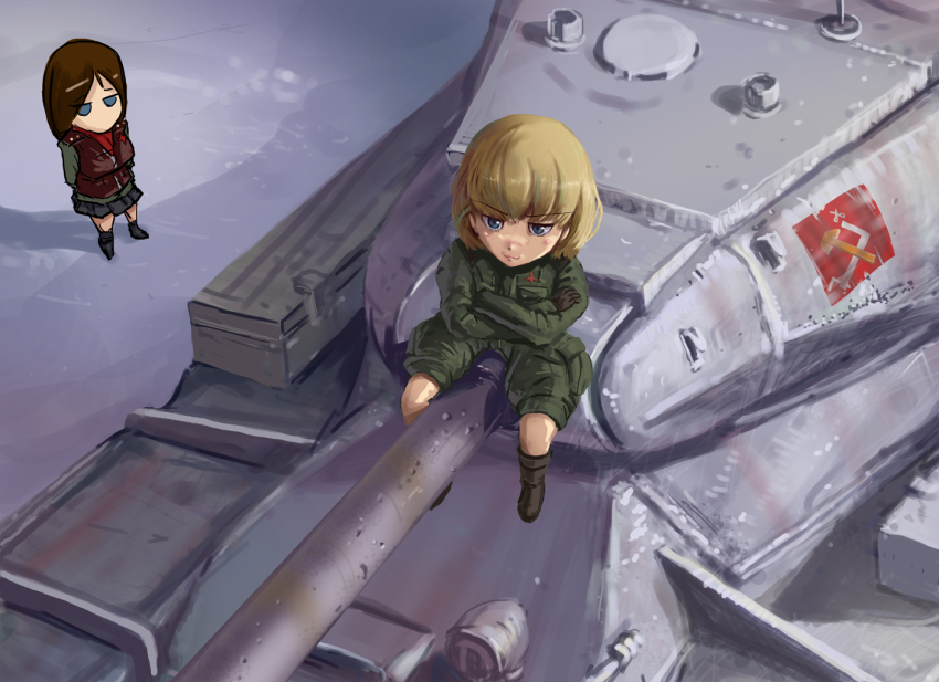 10s, 2girls, blonde_hair, blue_eyes, cannon, crossed_arms, emblem, girls_und_panzer