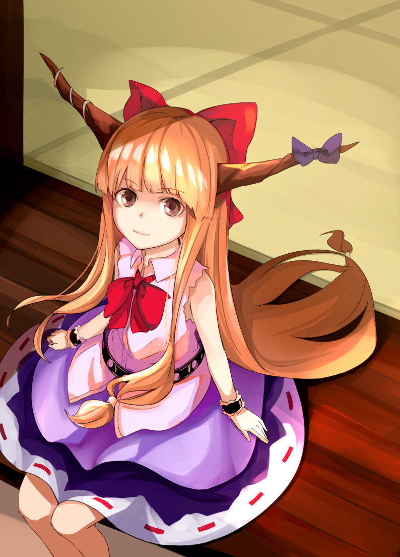 1girl, bell, benetto_(benet), bow, brown_eyes, female_focus, hair_bell, hair_bow, hair_ornament, horns, ibuki_suika, long_hair, looking_at_viewer, sitting, solo, touhou, wrist_cuffs