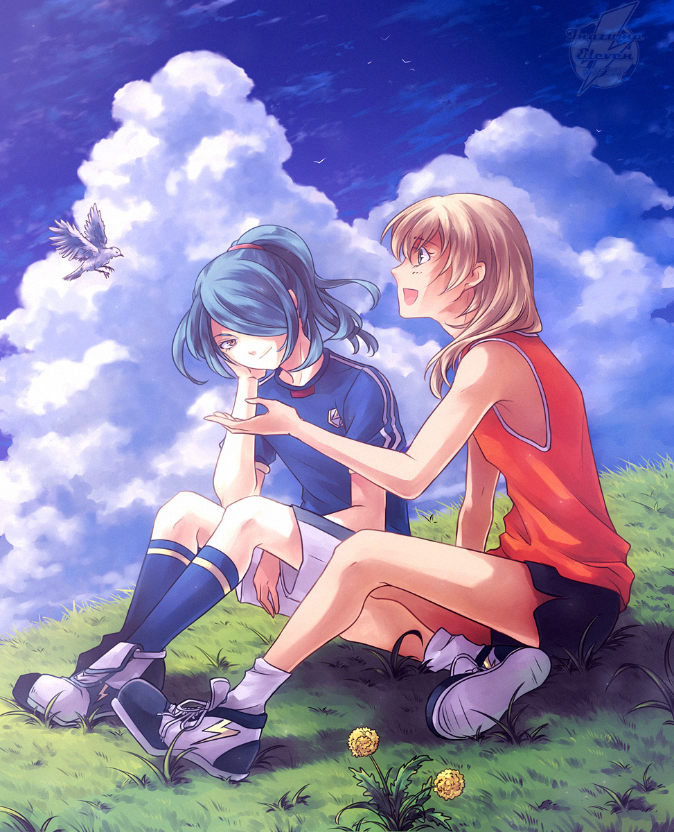 2boys, agent_051, androgynous, bird, blonde_hair, blue_hair, dandelion, flower, full_body, green_eyes, hair_over_one_eye, highres, inazuma_eleven, inazuma_eleven_(series), inazuma_japan, kazemaru_ichirouta, long_hair, male_focus, miyasaka_ryou, multiple_boys, open_mouth, ponytail, red_eyes, shorts, smile, soccer_uniform, sportswear, watermark