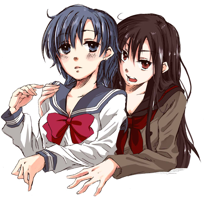 1990s_(style), 2girls, ako, ako_(so_crazy!?), bishoujo_senshi_sailor_moon, black_hair, blue_eyes, blue_hair, blue_sailor_collar, bow, bowtie, hand_on_shoulder, hino_rei, long_hair, long_sleeves, mizuno_ami, multiple_girls, open_mouth, parted_bangs, parted_lips, red_eyes, retro_artstyle, sailor_collar, sailor_mercury, school_uniform, serafuku, short_hair, upper_body, white_background