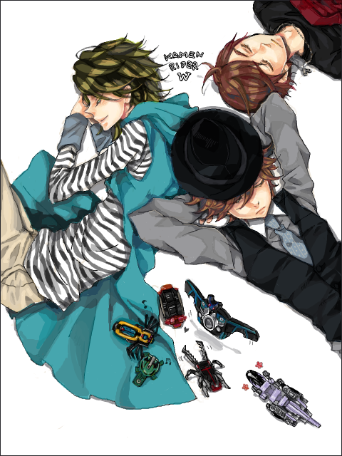 3boys, arms_up, brown_hair, cloak, closed_eyes, endlphin, gaia_memory, hat, hidari_shoutarou, hood, hooded_cloak, jacket, jewelry, kamen_rider, kamen_rider_w, long_sleeves, looking_at_viewer, lying, male_focus, multiple_boys, necklace, philip, philip_(kamen_rider), shirt, short_hair, simple_background, sleeping, striped_clothes, striped_shirt, terui_ryuu, vest, white_background