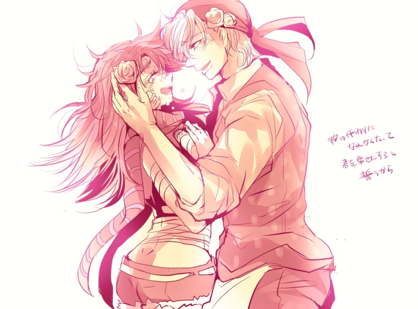 1boy, 1girl, bakanoise, bandana, couple, denim, denim_shorts, flower