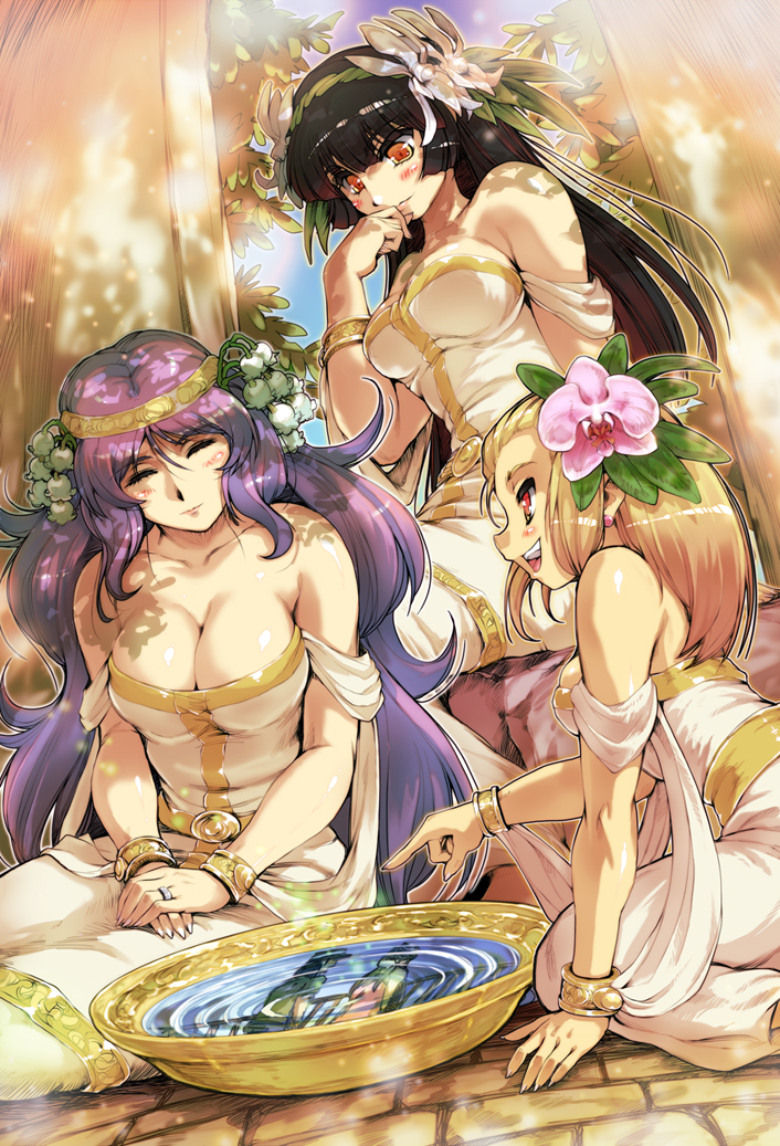 3girls, bare_shoulders, black_hair, blonde_hair, breasts, cleavage, closed_eyes, flower
