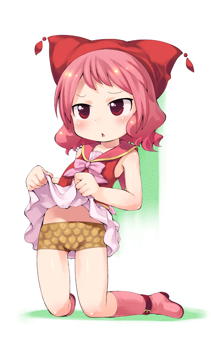 1girl, bahamut_(zettai_bouei_leviathan), boots, clothes_lift, female_focus, hat, highres, knee_boots, kneeling, pink_boots, pink_hair, red_eyes, sakurabe_notos, scales, short_hair, skirt, skirt_lift, solo, triangle_mouth, zettai_bouei_leviathan