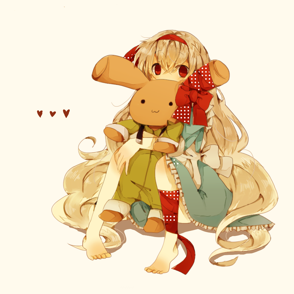 1girl, azpainter_(medium), barefoot, blonde_hair, chomachi, dress, female_focus, hair_spread_out, hug, kagerou_project, kozakura_marry, long_hair, rabbit, red_eyes, ribbon, solo, souzou_forest_(vocaloid), stuffed_animal, stuffed_rabbit, stuffed_toy, vocaloid