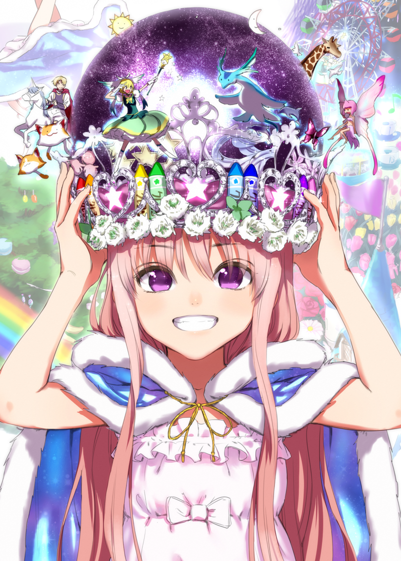 1boy, 3girls, :3, :d, animal, bird, blonde_hair, blush, bow, bug, butterfly, butterfly_wings, cape, crayon, creature, crown, dolphin, dress, fairy, ferris_wheel, fireworks, flower, fur_trim, giraffe, grin, happy, hat, head_wings, insect, insect_wings, kawakami_rokkaku, long_hair, looking_at_viewer, moon, multiple_girls, musical_note, no_pupils, open_mouth, original, pink_hair, purple_crown, purple_eyes, rainbow, riding, salute, sidelocks, size_difference, smile, solo_focus, space, sparkle, star_(symbol), sun, teeth, unicorn, upper_body, v, wings