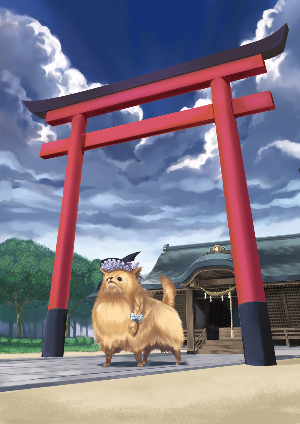 animalization, bow, braid, cloud, day, dog, female_focus, hair_bow