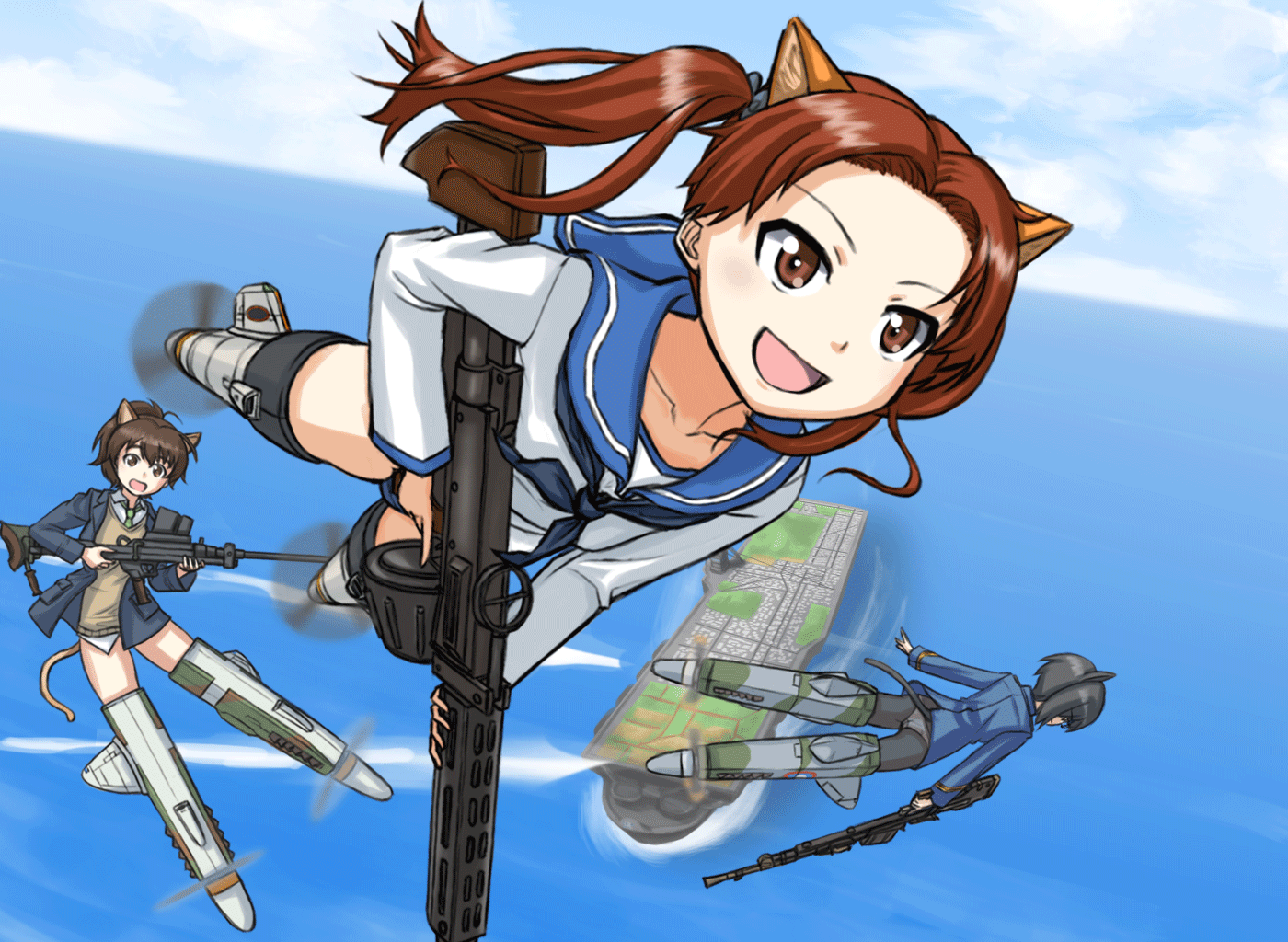 10s, 3girls, aircraft_carrier, anatomirai, animal_ears, bad_id, bad_pixiv_id, brown_hair