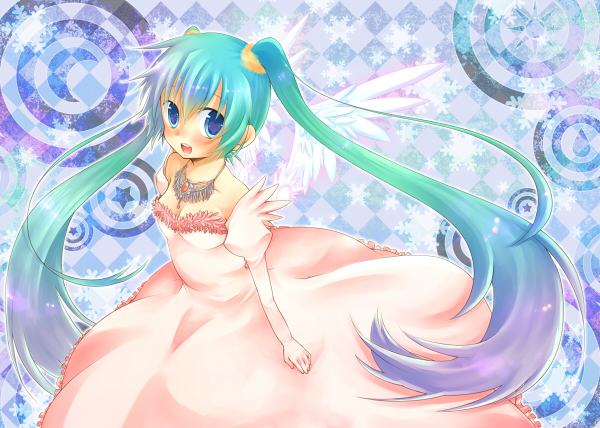 1girl, aqua_hair, blue_eyes, checkered_background, dress, elbow_gloves, female_focus, gloves