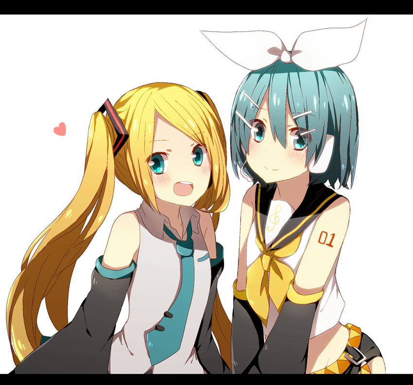 2girls, alternate_color, alternate_hair_color, alternate_hairstyle, aqua_eyes, aqua_hair, belt, blonde_hair
