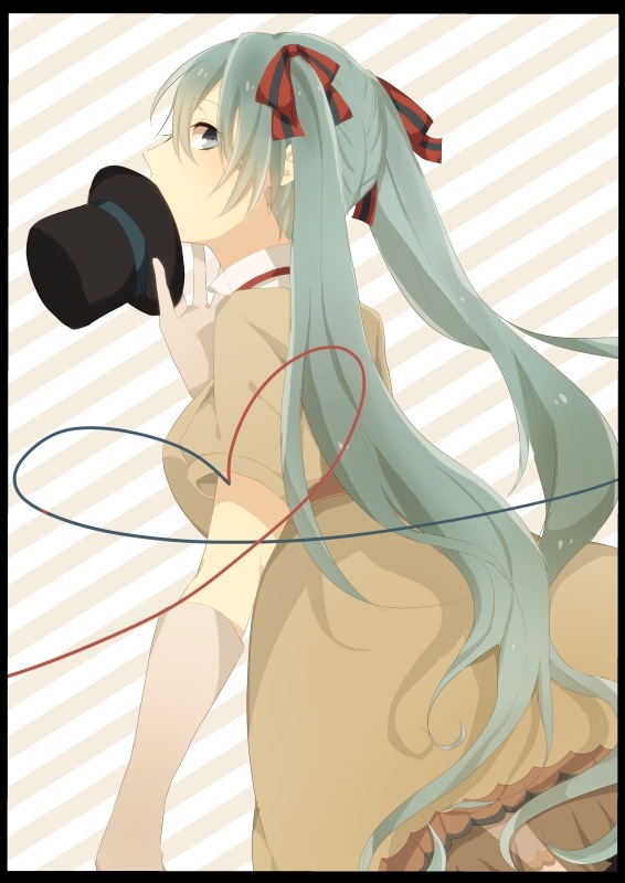 1girl, aqua_eyes, aqua_hair, bad_id, bad_pixiv_id, dress, elbow_gloves, ennui_heiwa_miku, female_focus, gloves, hair_ribbon, hat, hatsune_miku, long_hair, looking_back, mogkaya, ribbon, solo, striped_background, top_hat, twintails, vocaloid