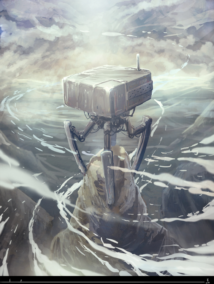 antennae, bad_id, bad_pixiv_id, cliff, cloud, landscape, mecha, mountain, mr_very, no_humans, non-humanoid_robot, original, realistic, robot, science_fiction, walker_(robot), wind