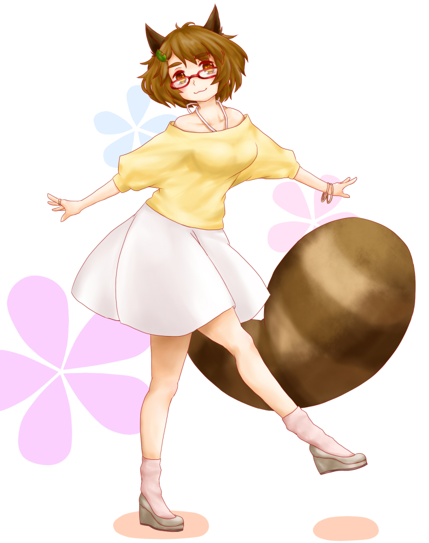 1girl, :3, animal_ears, bad_id, bad_pixiv_id, bangle, bare_shoulders, bracelet, brown_eyes, brown_hair, contemporary, female_focus, futatsuiwa_mamizou, glasses, hair_ornament, hairclip, high_heels, highres, honey-honey-honey, jewelry, leaf, raccoon_ears, raccoon_tail, red-framed_eyewear, ring, shoes, short_hair, tail, touhou, tsukasa@peropero, tsukasa_(honey)