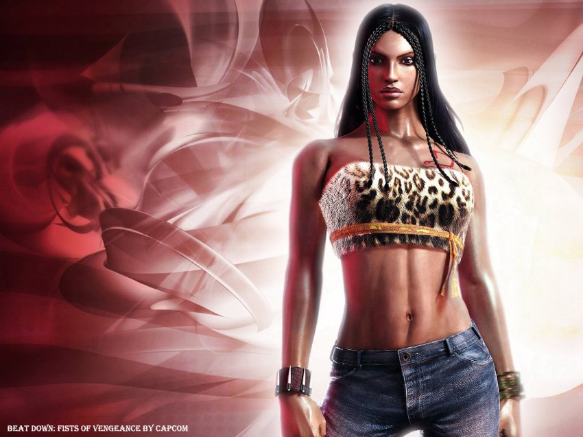 1girl, bandeau, beat_down_fists_of_vengeance, capcom, denim, female_focus, highres, jeans, lola_(beat_down), midriff, pants, solo