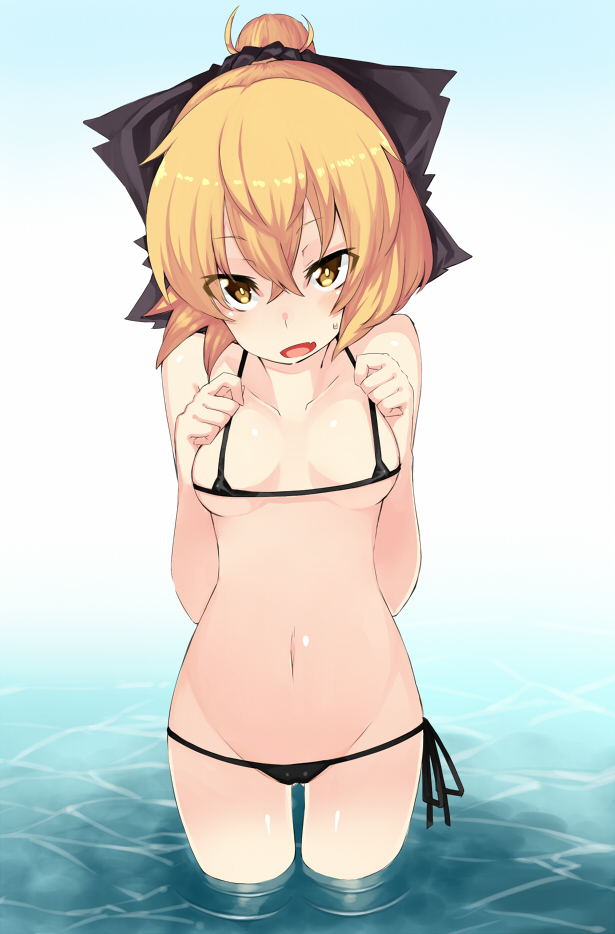 1girl, bad_id, bad_pixiv_id, bikini, black_bikini, blonde_hair, bow, breasts