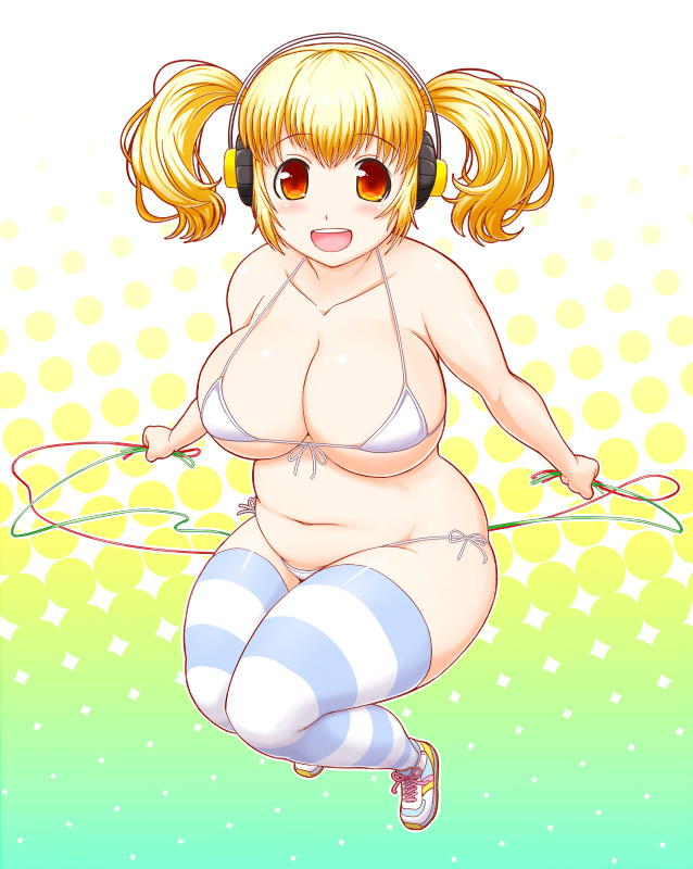 1girl, belly, bikini, blonde_hair, braid, breasts, cleavage, female_focus, headphones, holding, holding_jump_rope, huge_breasts, jump_rope, long_hair, midair, navel, nitroplus, plump, red_eyes, shoes, side-tie_bikini_bottom, smile, sneakers, solo, soubee1, striped_clothes, striped_thighhighs, super_pochaco, swimsuit, thighhighs, twin_braids, white_bikini