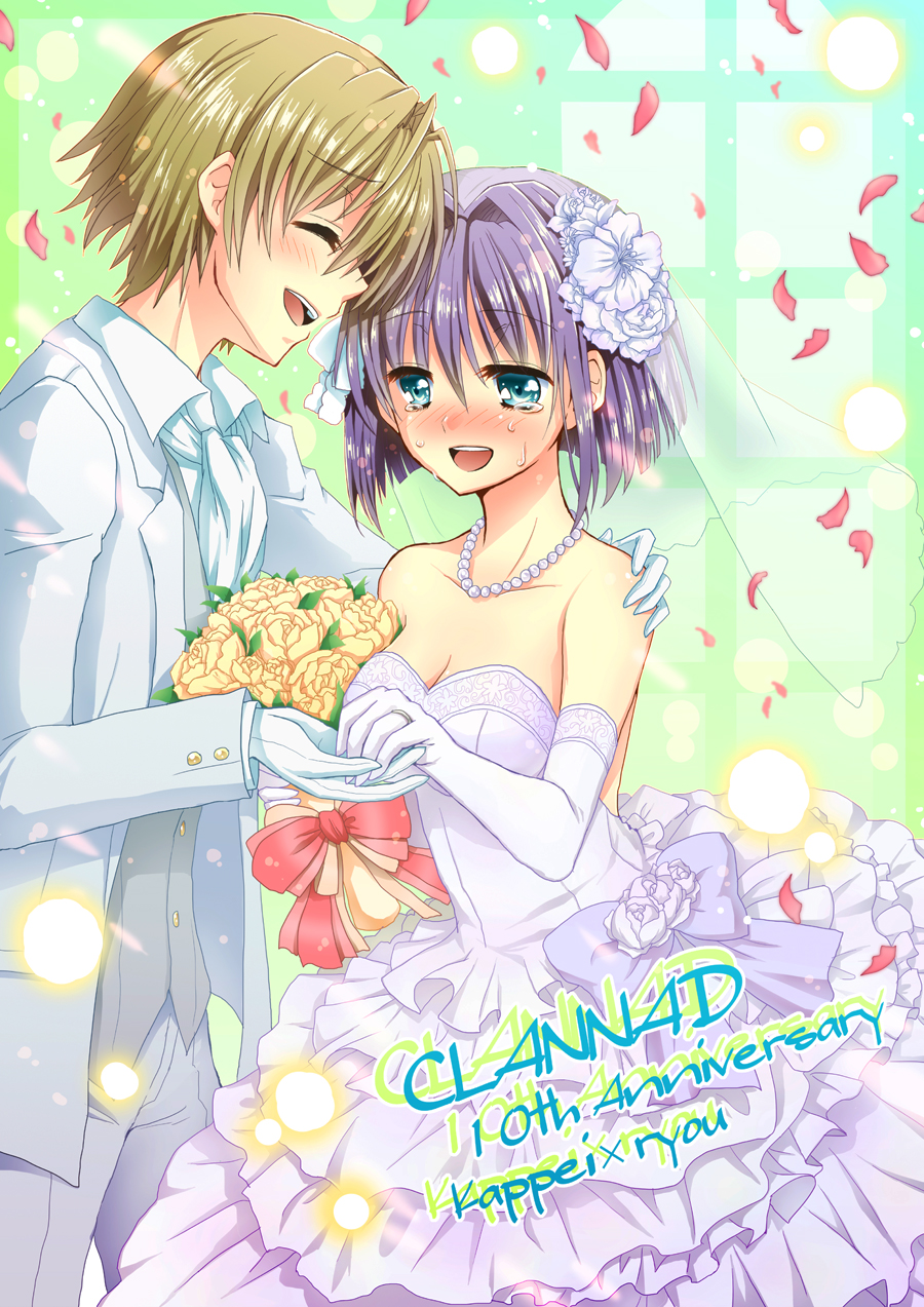 00s, 1boy, 1girl, bad_id, bad_pixiv_id, blonde_hair, blue_eyes, bouquet