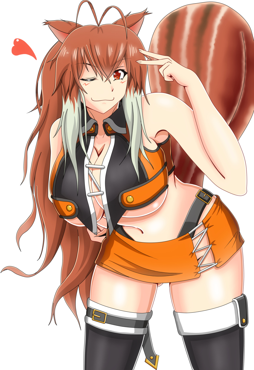 1girl, absurdres, alternate_hair_length, alternate_hairstyle, animal_ears, antenna_hair, arc_system_works, bare_shoulders, black_thighhighs, blazblue, blazblue:_continuum_shift, breasts, cleavage, female_focus, heart, highres, huge_breasts, long_hair, makoto_nanaya, muutsu_(maxwell0916), navel, one_eye_closed, orange_skirt, ponytail, red_eyes, revealing_clothes, simple_background, skirt, smile, solo, squirrel_ears, squirrel_tail, tail, thighhighs, underboob, very_long_hair, white_background, wink