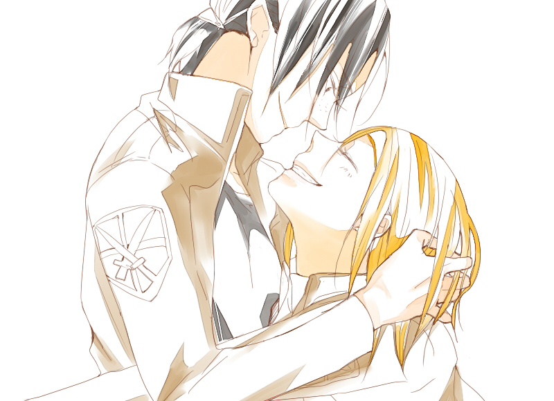 2girls, black_hair, blonde_hair, closed_eyes, freckles, grabbing_another's_hair, grin, holding_another's_hair