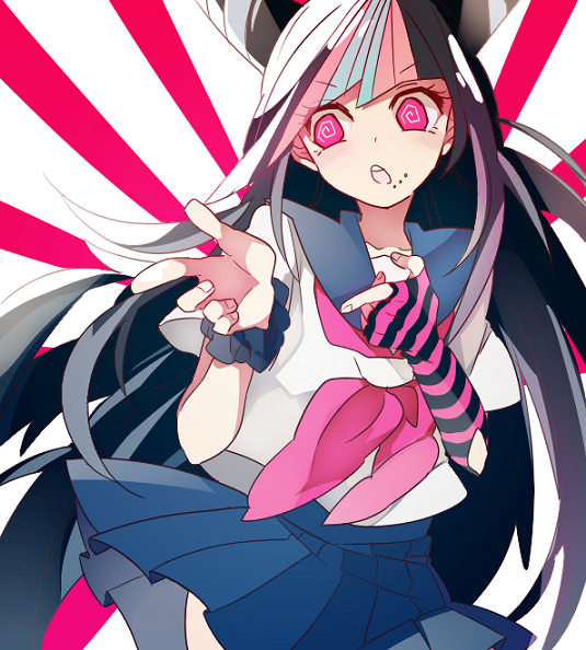 10s, 1girl, 4_(nakajima4423), black_hair, cone_hair_bun, danganronpa_(series), danganronpa_2:_goodbye_despair, double_finger_gun