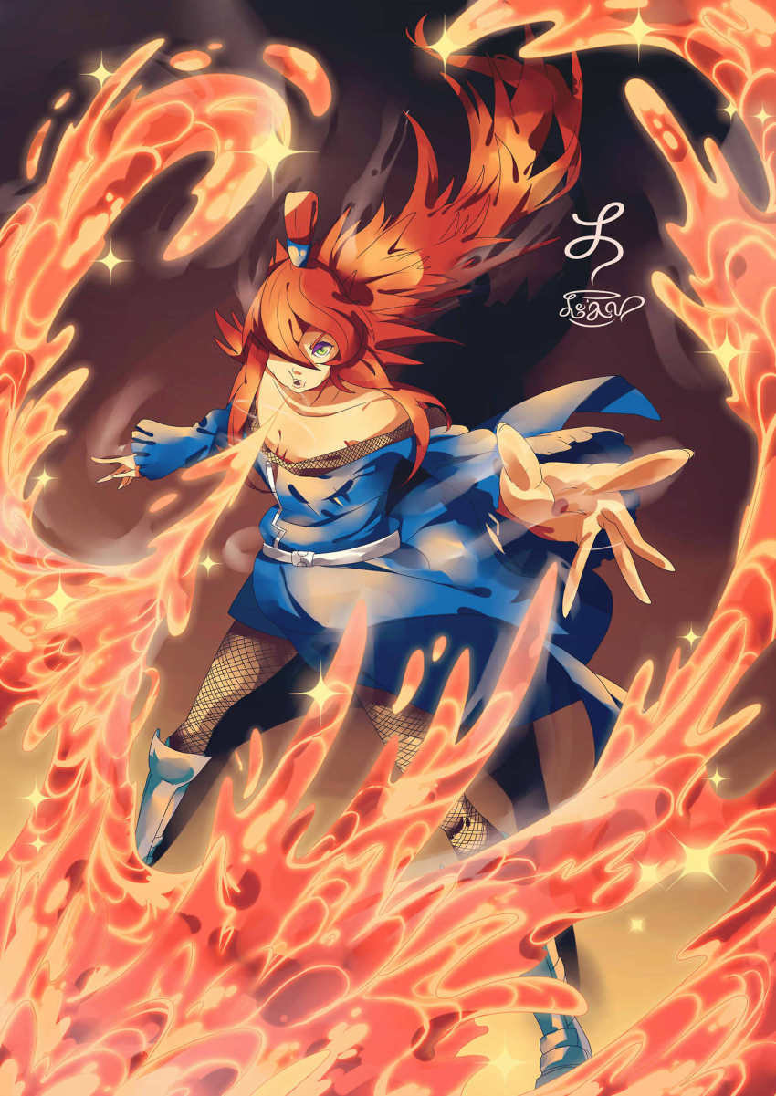 1girl, artist_name, bare_shoulders, blowing, brown_hair, eyeshadow, female_focus, fire