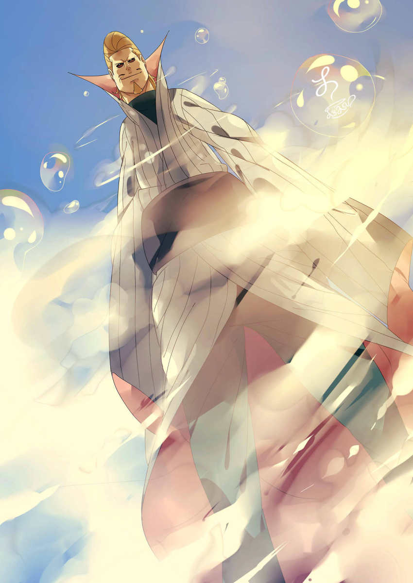 1boy, artist_name, black_sclera, blonde_hair, bubble, colored_sclera, facial_hair, from_below, grin, highres, hoozuki_gengetsu, hoozuki_gengetsu_(edo_tensei), le-avart, long_sleeves, male_focus, naruto_(series), naruto_shippuuden, smile, solo, standing, steam