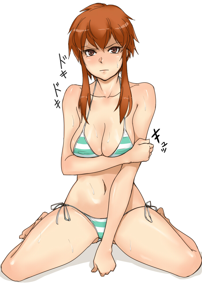 1girl, bad_id, bad_pixiv_id, bikini, breast_hold, breasts, brown_eyes, brown_hair, cleavage, female_focus, green_bikini, gus_(clarkii), hokenshitsu_no_shinigami, large_breasts, navel, saizaki_minori, side-tie_bikini_bottom, simple_background, sitting, solo, string_bikini, striped_bikini, striped_clothes, sweat, swimsuit, wariza, white_background