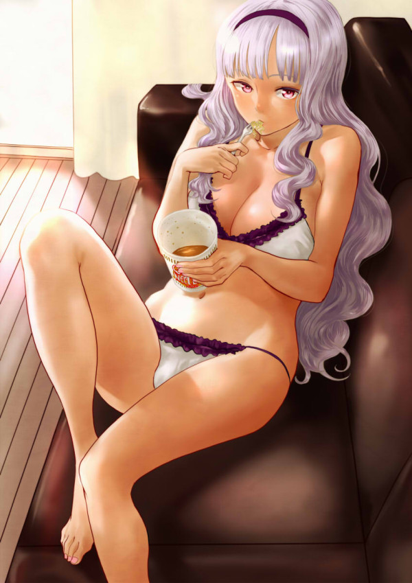 1girl, barefoot, bra, breasts, couch, eating, female_focus, food