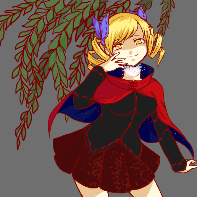 1girl, blonde_hair, cape, cosplay, crossover, drill_hair, female_focus, hair_ornament