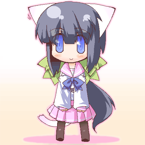1girl, animal_ears, blue_eyes, blush, cat_ears, cat_tail, character_request, female_focus, gafu_(gaff), long_hair, lowres, oekaki, pantyhose, school_uniform, serafuku, simple_background, smile, solo, tail
