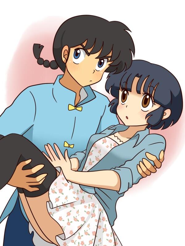 1boy, 1girl, black_hair, blue_eyes, blue_hair, blush, braid, brown_eyes